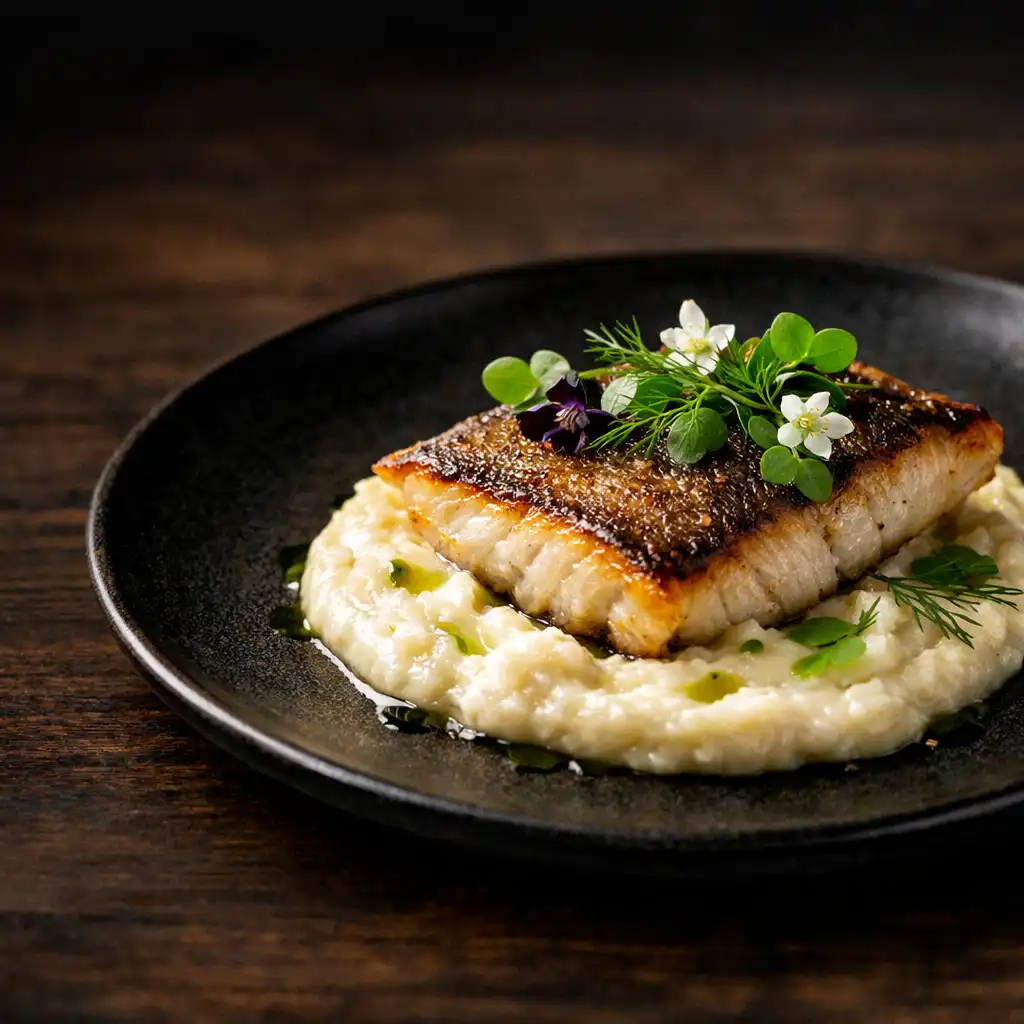 Pieczony filet z sandacza na puree z kalafiora, udekorowany ziołami i jadalnymi kwiatami