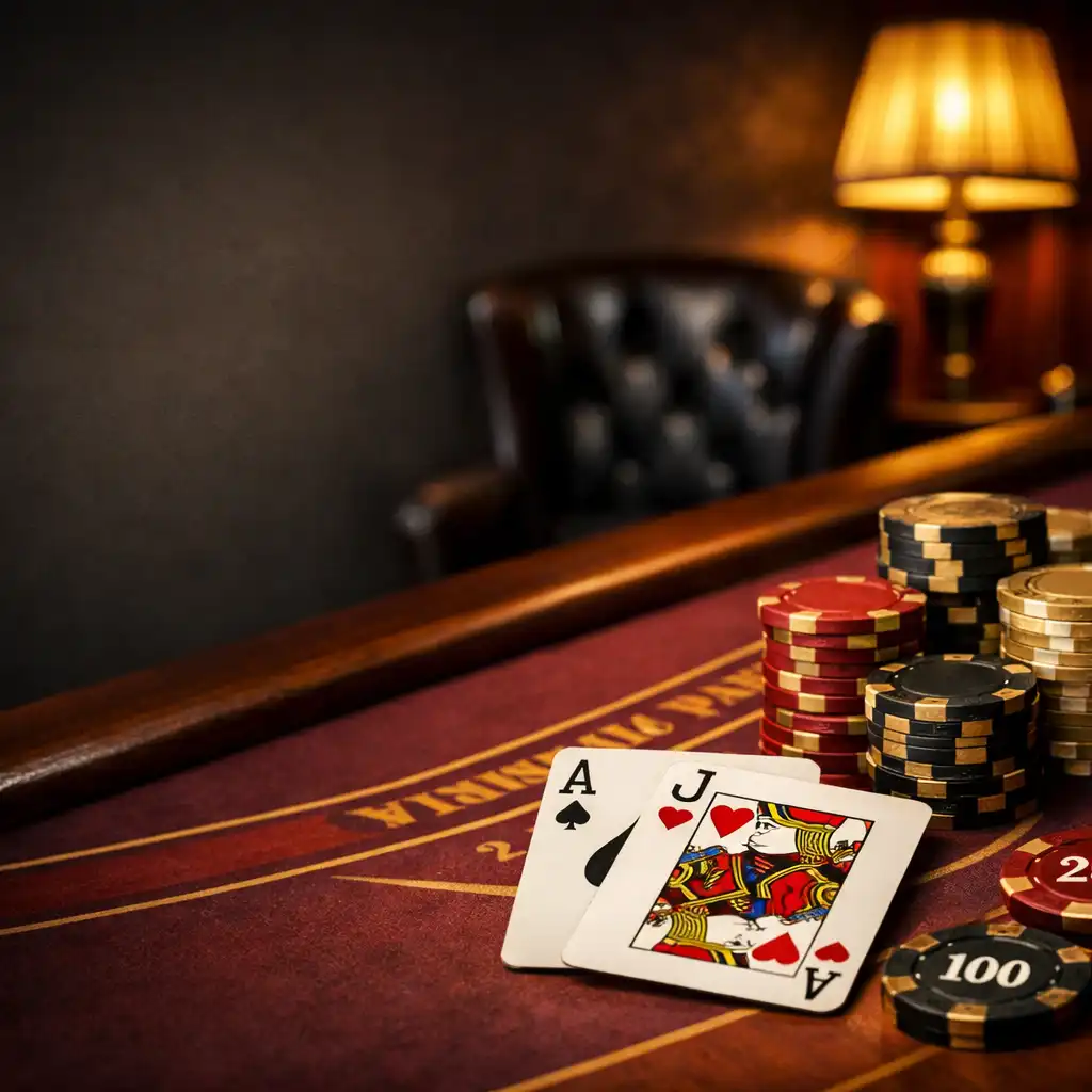 Zbliżenie na stół do blackjacka z kartami i żetonami, w tle skórzane fotele i lampa z abażurem