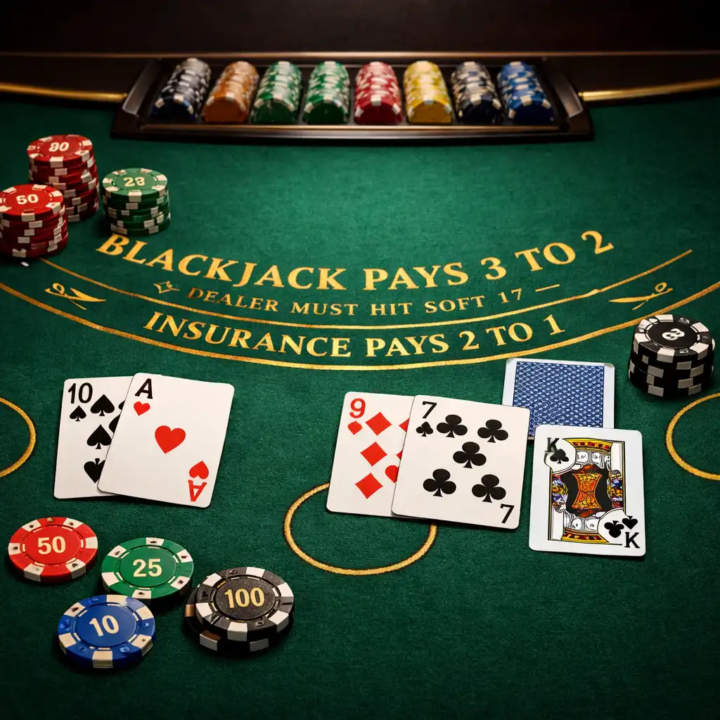 Zbliżenie na stół do blackjacka z zielonym suknem, kartami i żetonami