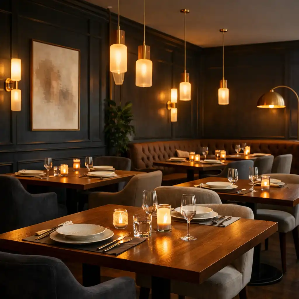 Eleganckie wnętrze restauracji Plaisirs Delassiette z grafitowymi ścianami, drewnianymi stołami i złotymi lampami